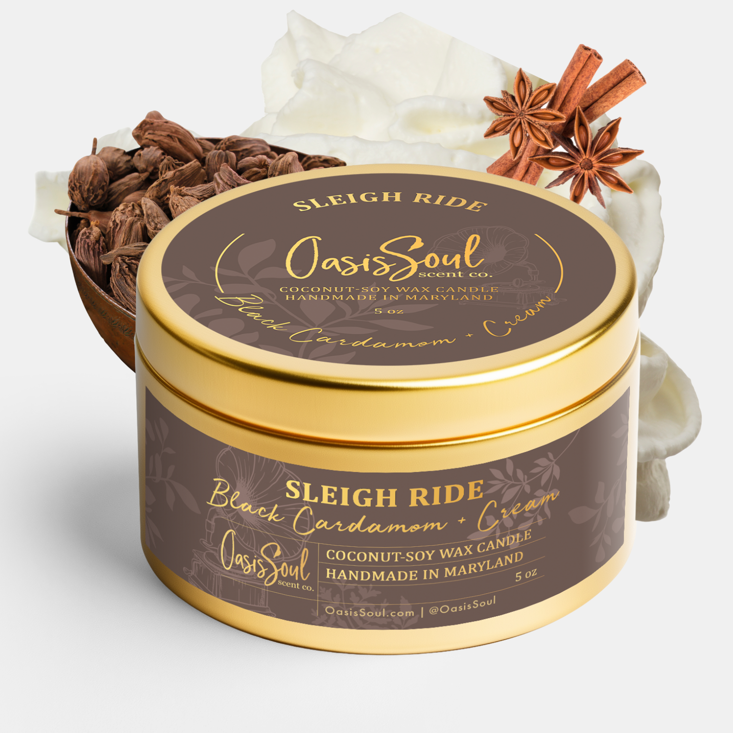 SLEIGH RIDE Gold Candle {black cardamom + cream}